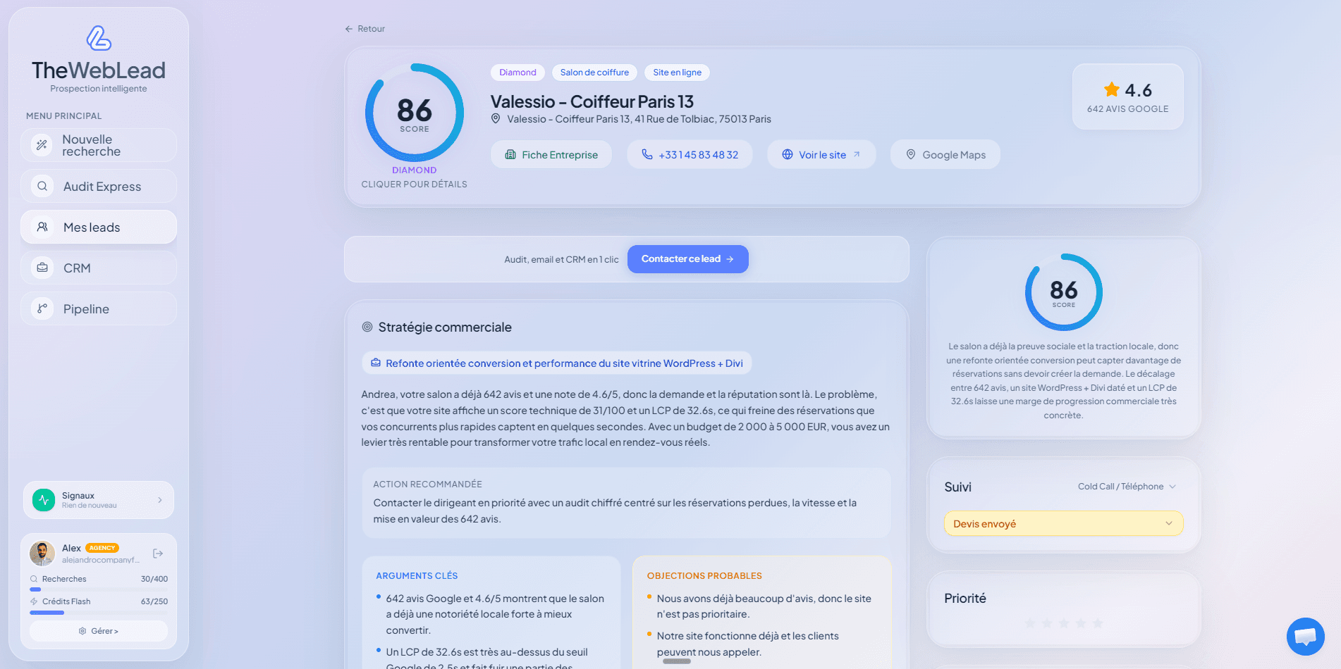 Détail d'un audit IA TheWebLead.