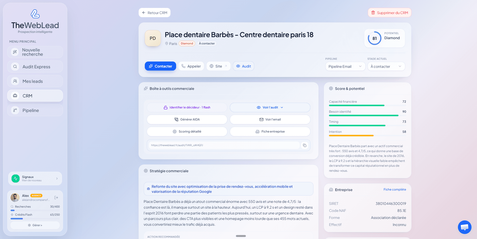 Détail d'un lead dans le CRM TheWebLead.