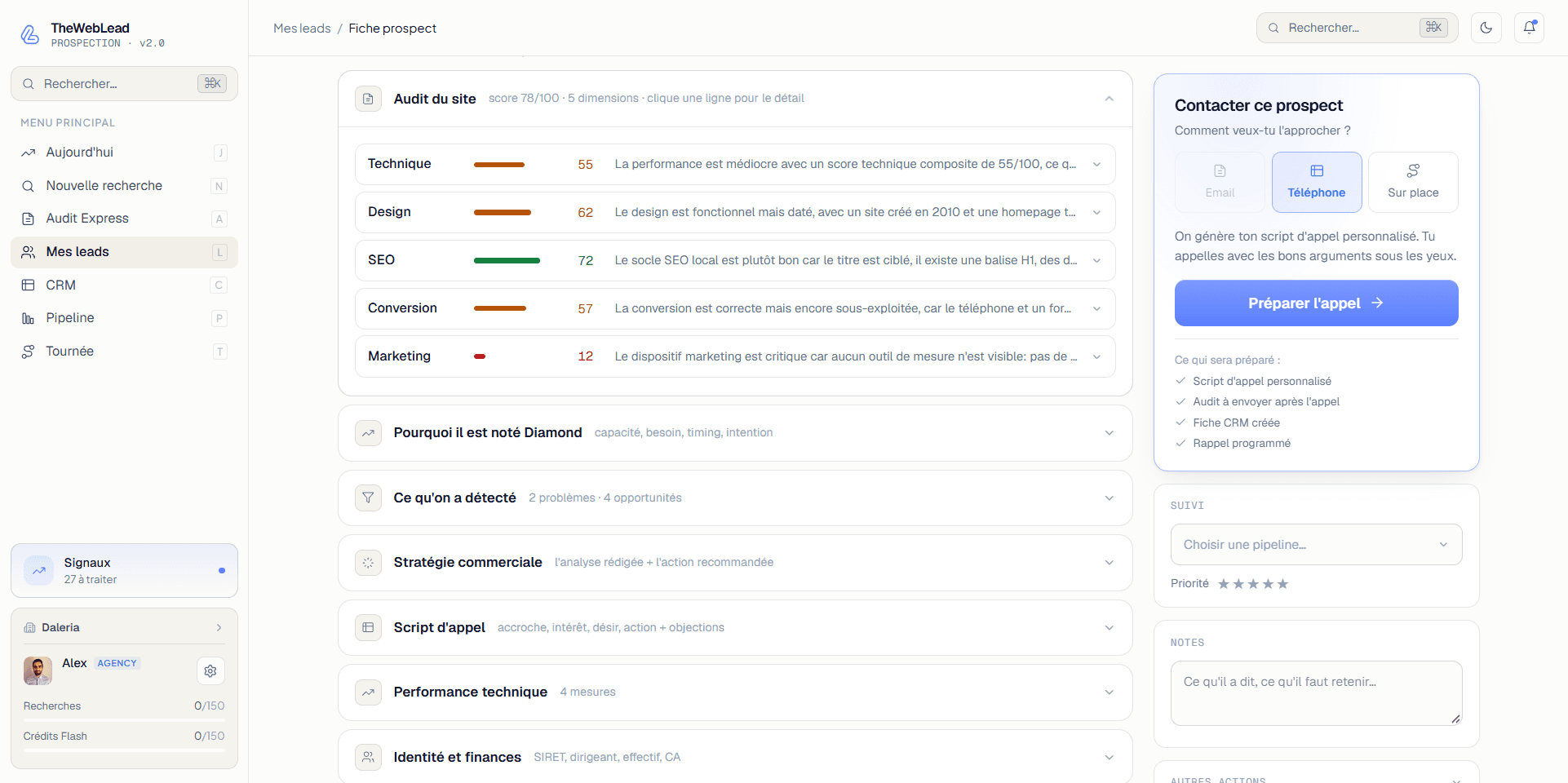 Audit IA du site d'un prospect : notes technique, design, SEO, conversion et marketing.