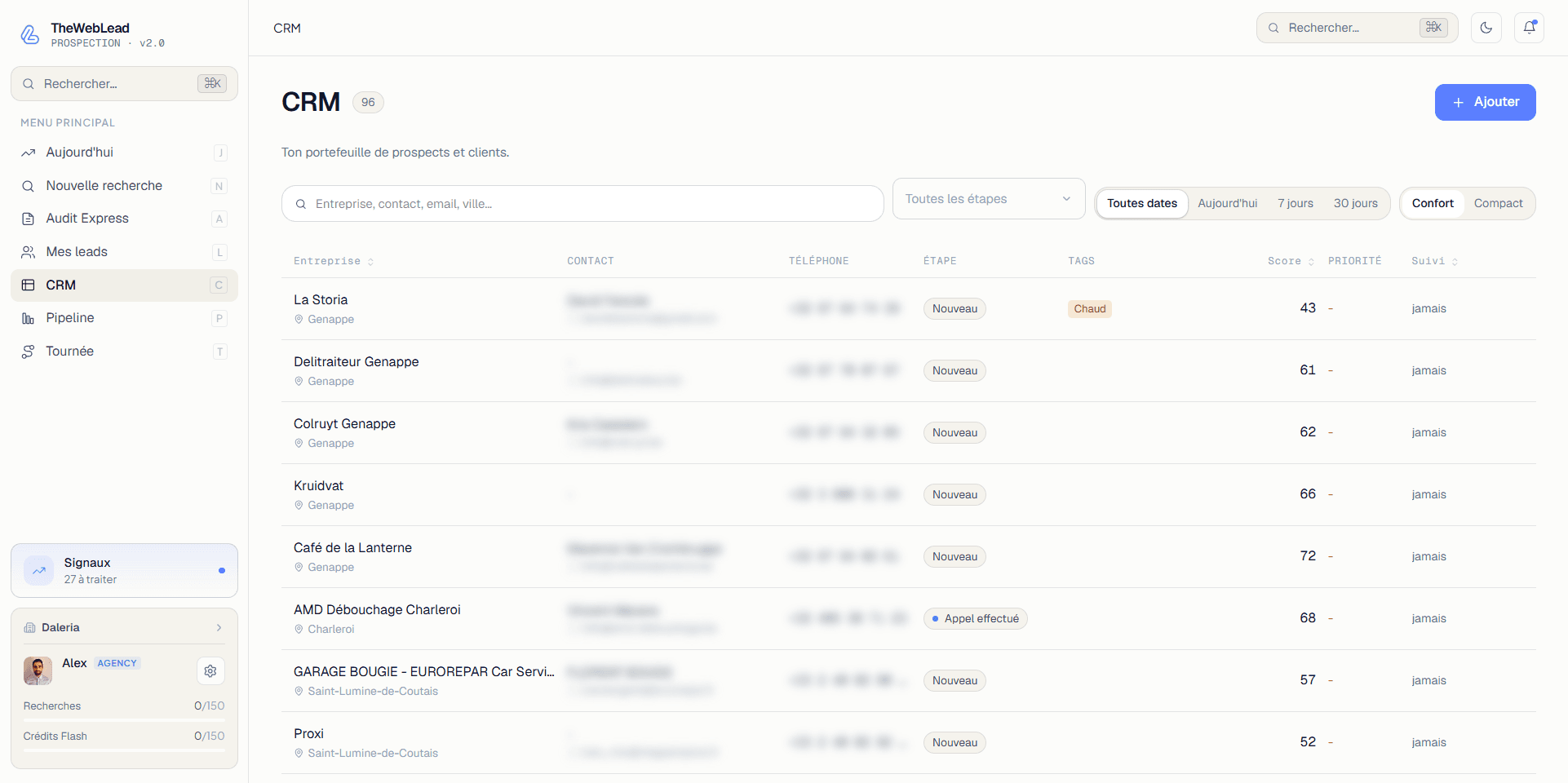 CRM TheWebLead : le portefeuille de prospects et de clients.
