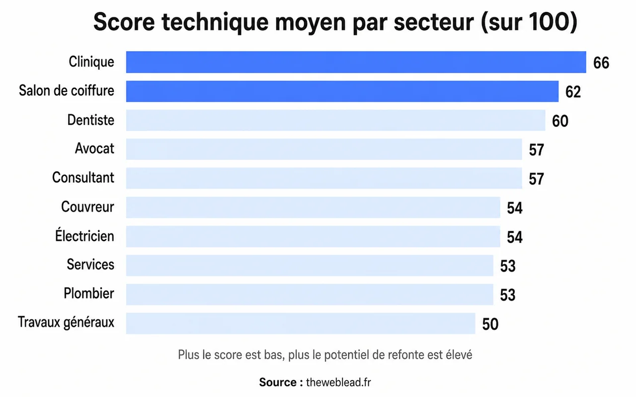 Score technique moyen des sites de PME par secteur, de la clinique aux travaux généraux