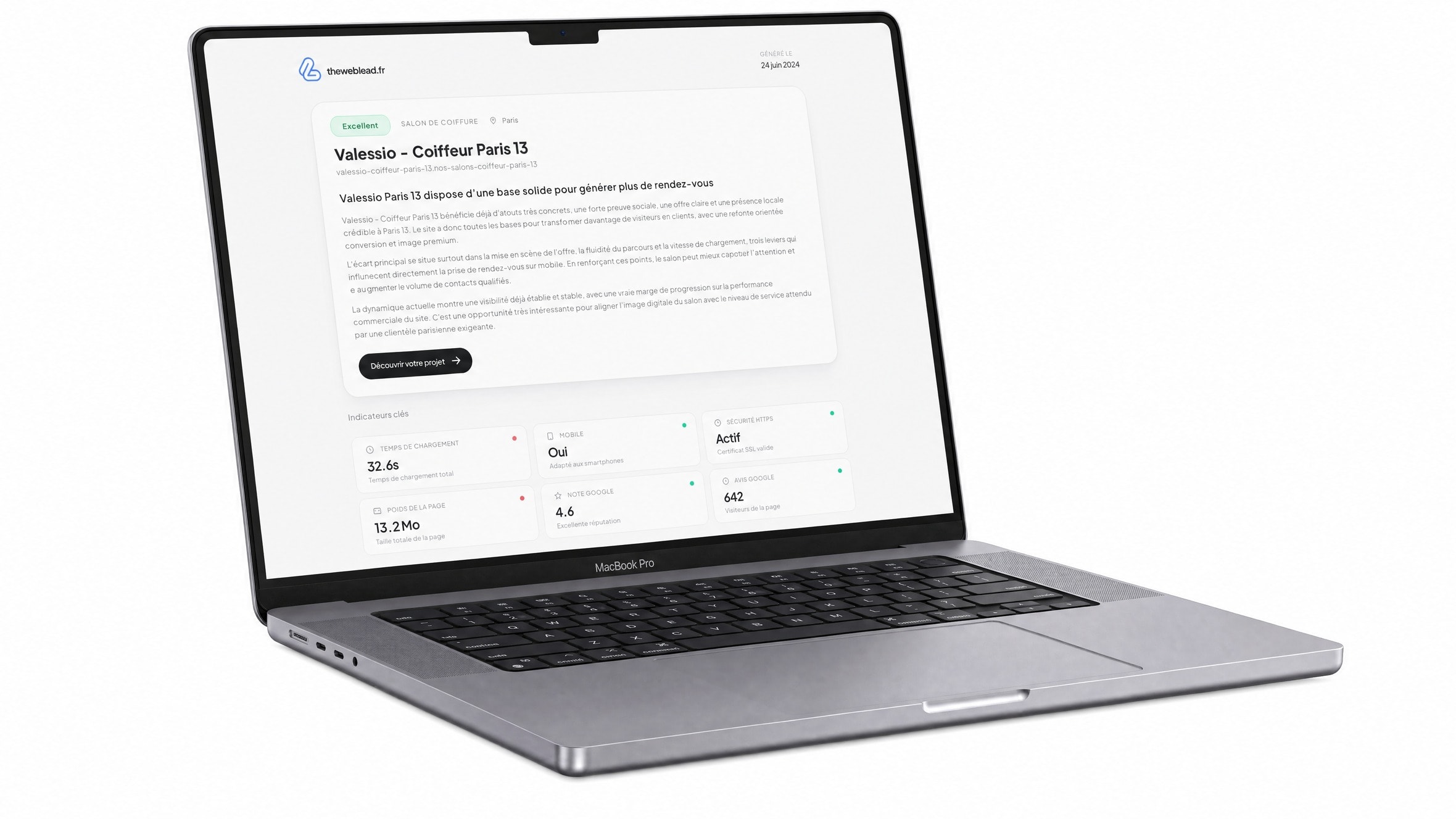 Aperçu d'un rapport d'audit TheWebLead pour Valessio Coiffeur Paris 13, affiché sur un MacBook.