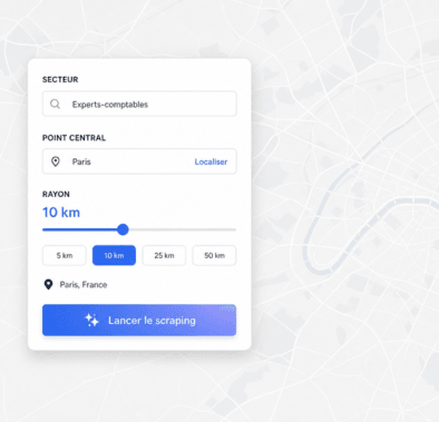 Recherche par rayon dans TheWebLead, secteur experts-comptables à Paris, rayon 10 km.