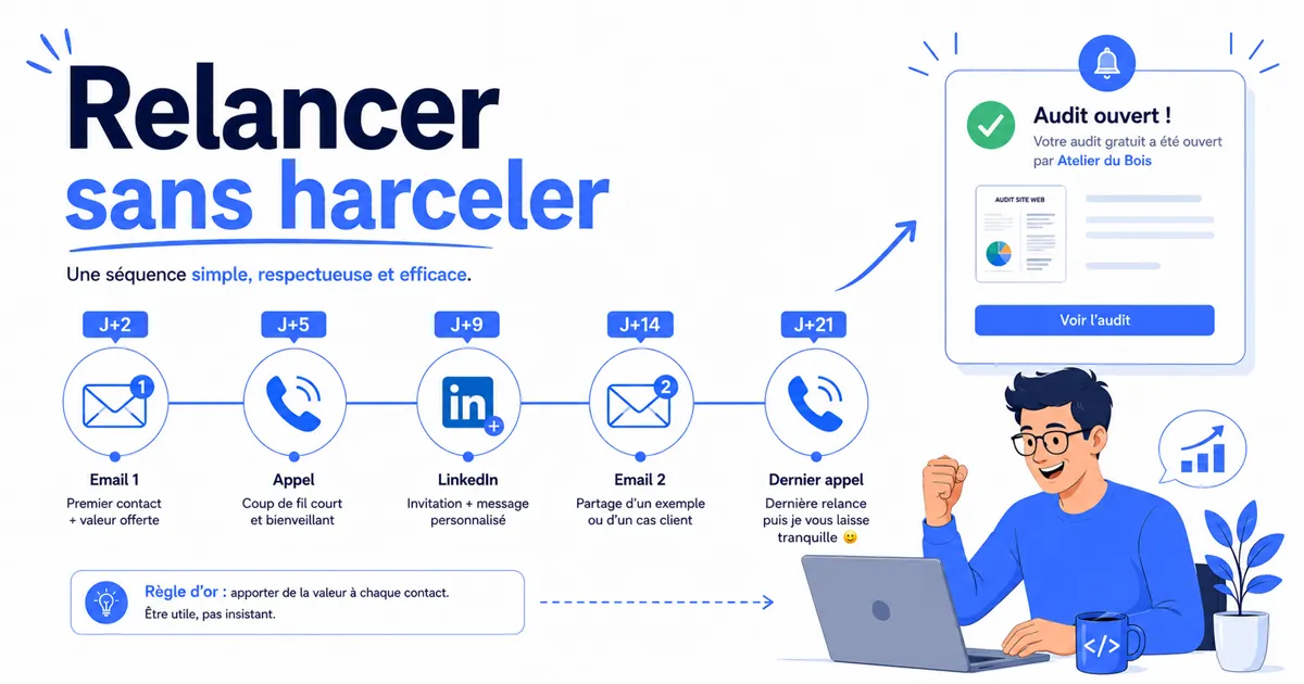 Relancer un prospect B2B sans le harceler en agence web : séquence, cadence et modèles d'email 2026